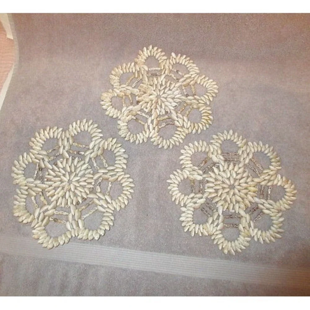 Vtg Set Of 3 Seashell Flower Trivet Hot Pad Beachy Wall Decor 9